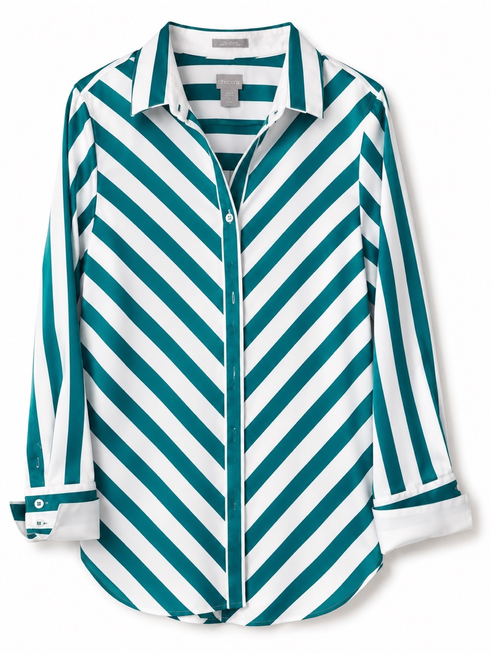 Chico's Teal and White Diagonal Stripe Button-Front Shirt